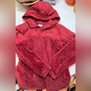 Hooded red fuzzy Columbia jacket